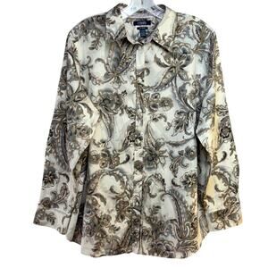 Chaps Women's Plus 1X Button Front Shirt No-Iron Floral Cotton Cream Black Pink